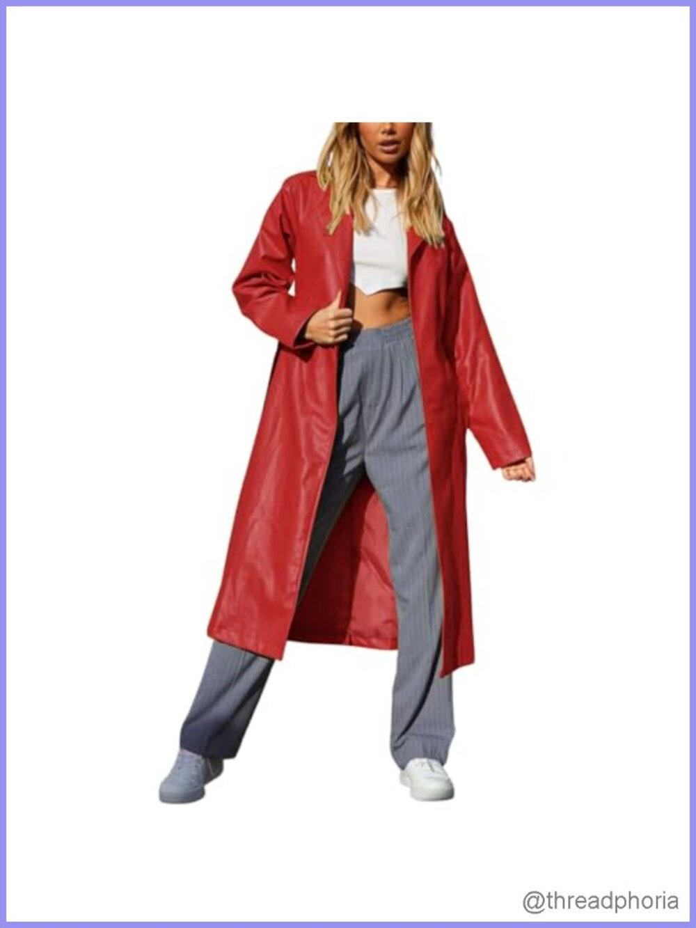 Women's Faux Leather Long Trench Coat Open Front Belted